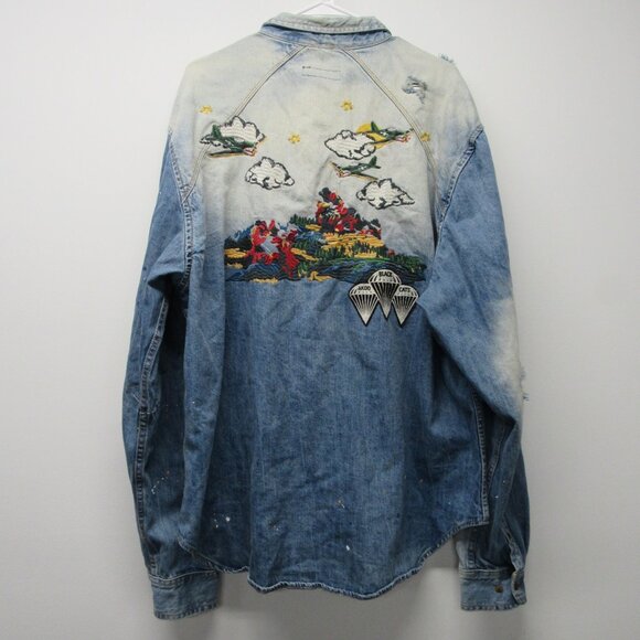 Akoo Black Cats WWII Bomber Distressed Denim Embroidered Collared Shirt sz 3XL - Picture 1 of 7